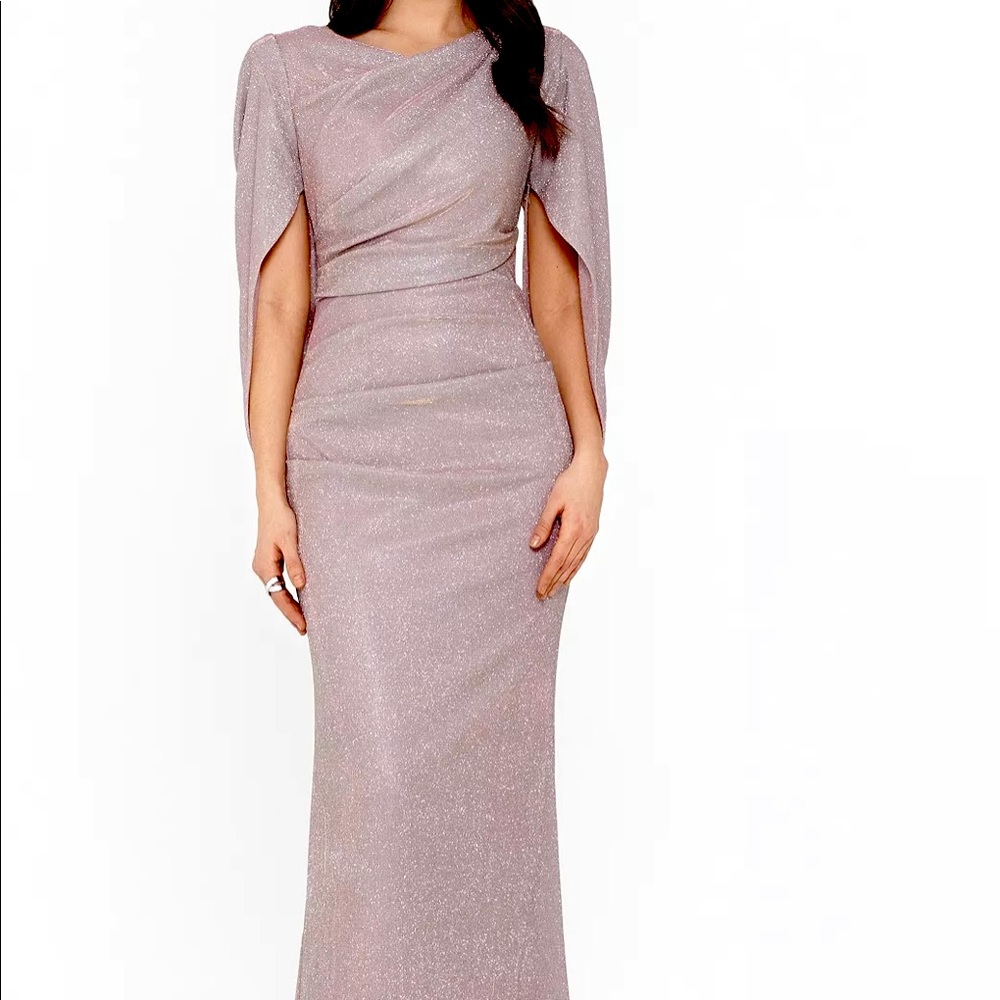 BETSY & ADAM
Glitter Drape-Back Cape Gown
